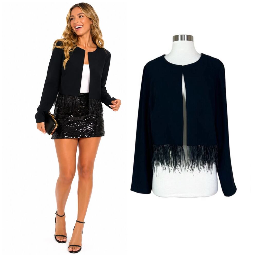 White House Black Market | Black Feather Hem Open Front Cropped Jacket Blazer L